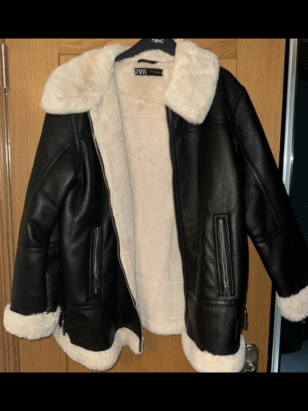 ZARA Black Jacket with Cream Faux-Shearling Trim